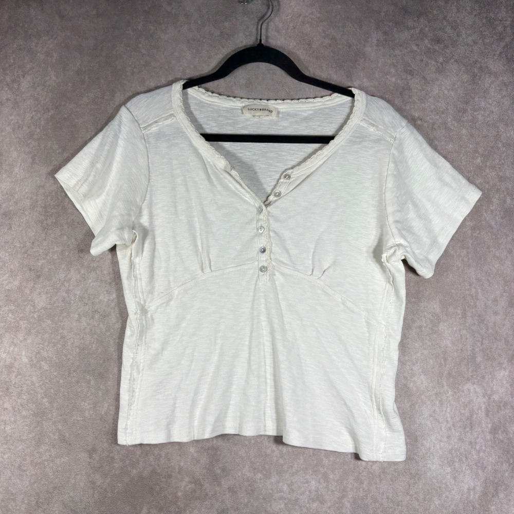 Lucky Brand Henley Shirt Women L White Slub Knit Short Sleeve Cotton Casual Boho